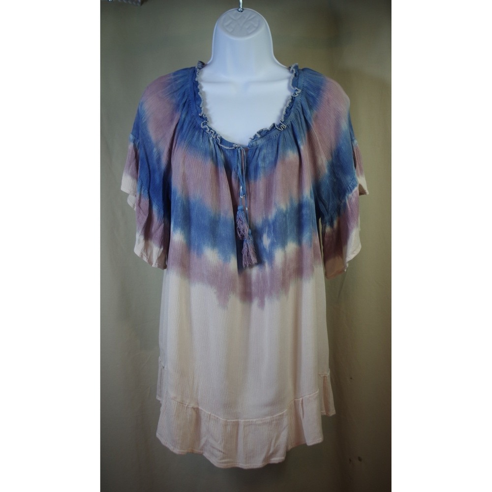 Easel Los Angeles Women Medium Tie Dye Ruffle Tassel Blouse Blue Purple Cream